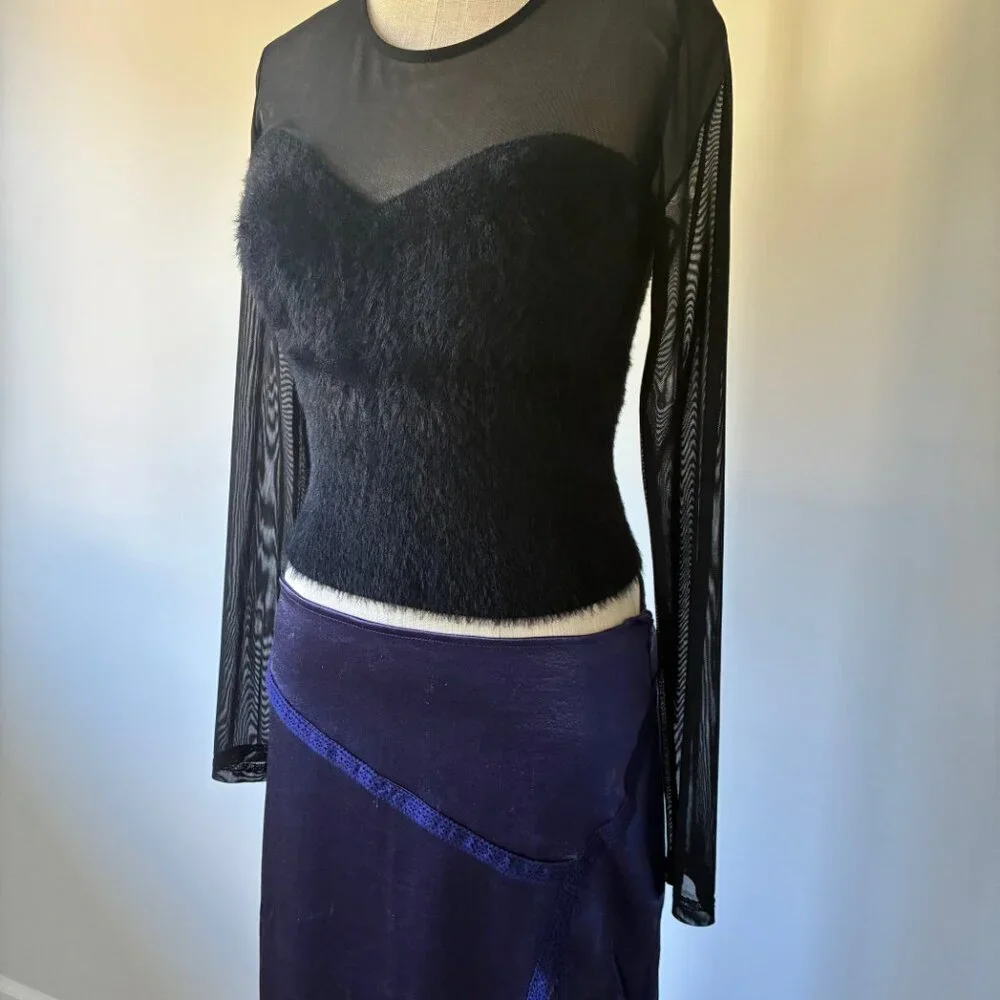 Le Lis Black Fluffy Bodice Sheer Women's Long Sleeve Top